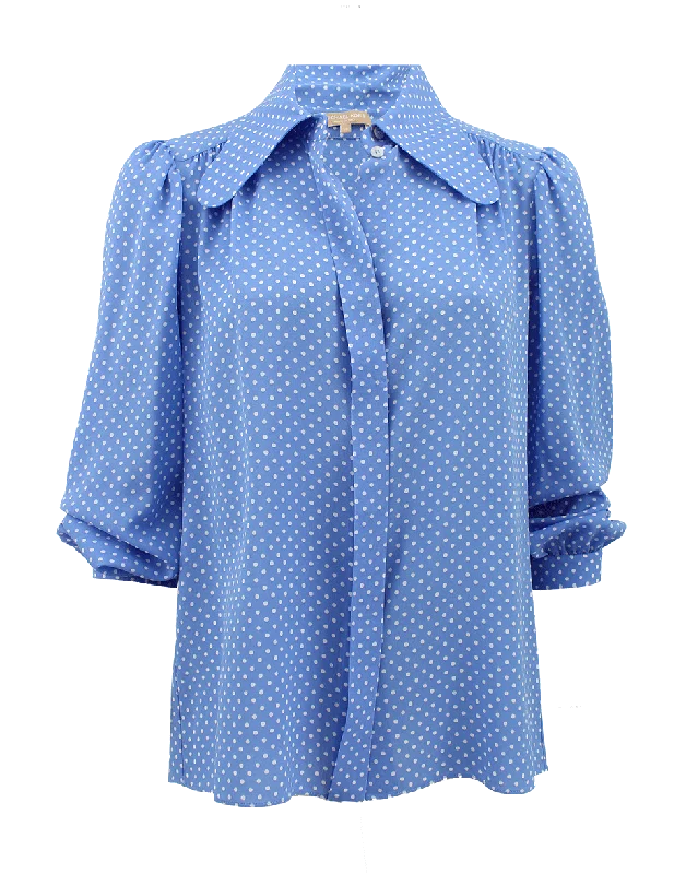 Wide Lapel Gathered Dot Blouse