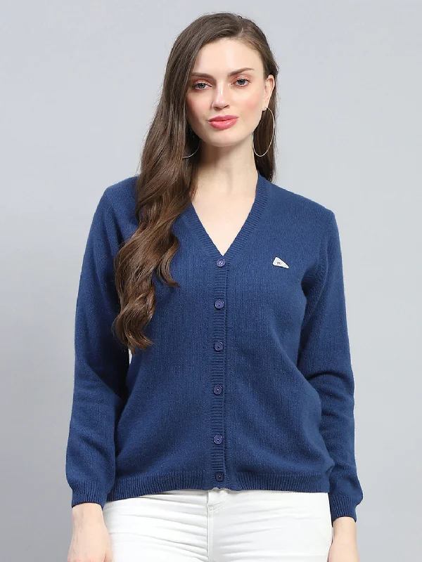 Women Blue Solid V Neck Full Sleeve Cardigan