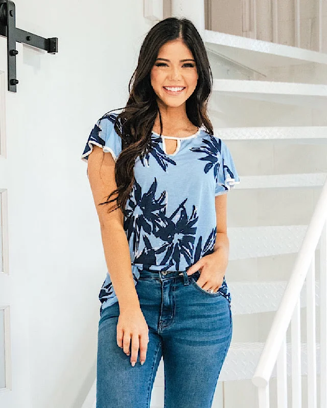 Jess Blue Floral Flutter Sleeve Keyhole Top FINAL SALE