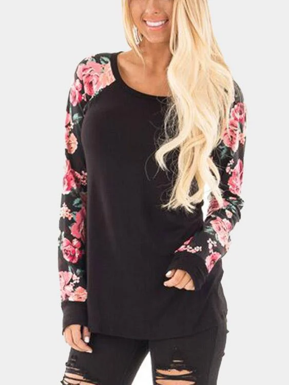 Custom Round Neck Floral Print Long Sleeve Black T-Shirts