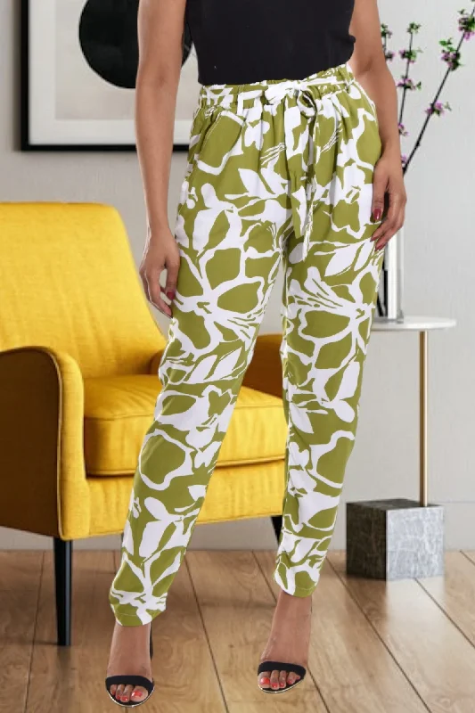 Green And White Printed Pocket Pants