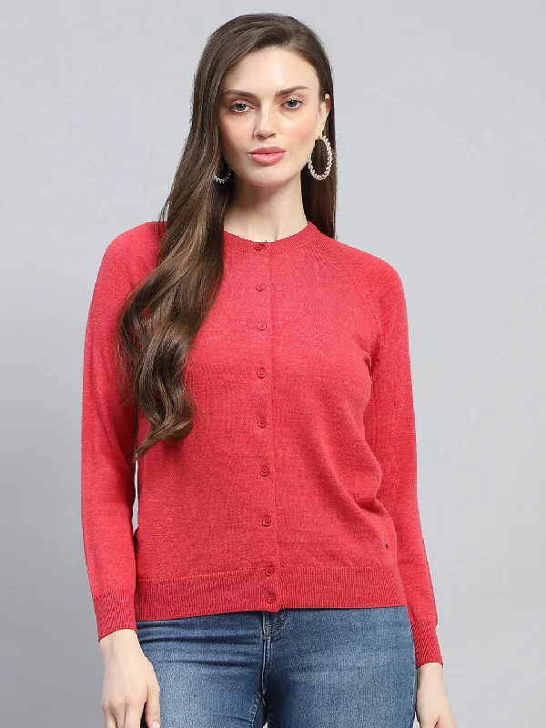 Women Red Solid Round Neck Full Sleeve Cardigan