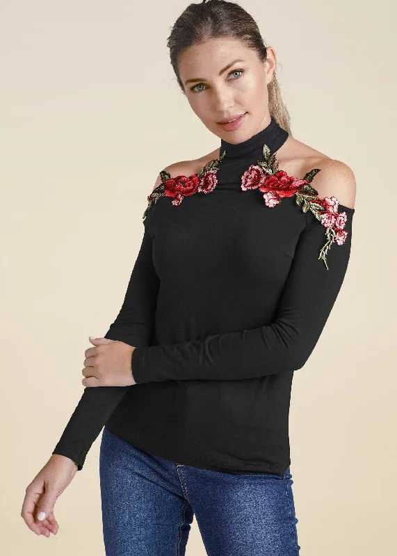 Rose Applique Cold-Shoulder Top - Black