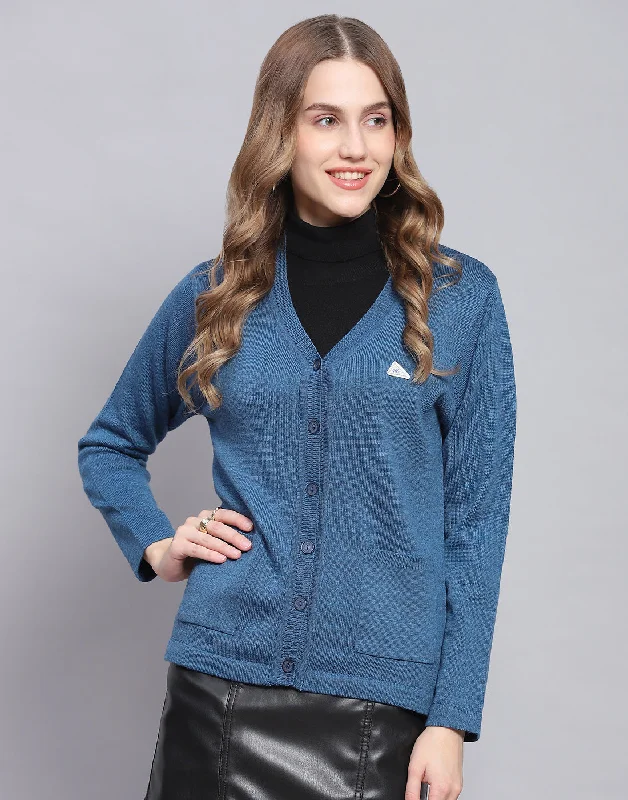 Women Blue Solid V Neck Full Sleeve Cardigan